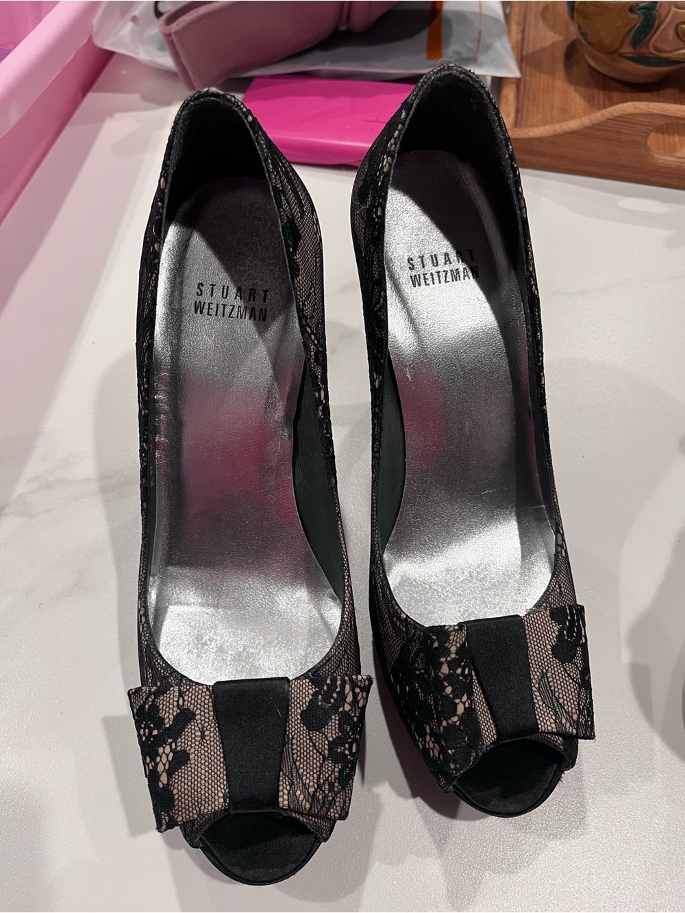 Stuart Weitzman Black Lace Peep-Toe Heels with Bow